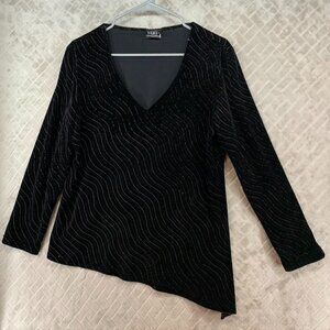 Libra Shirt Womens L Black Sparkly Striped V Neck Long Sleeve Asymmetric Hem